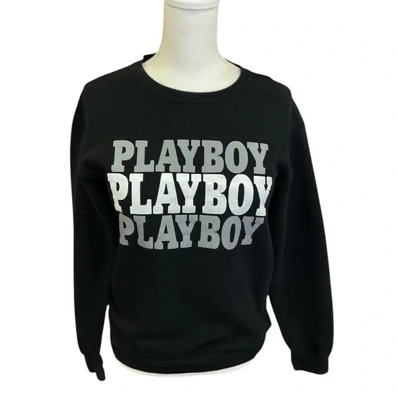 Playboy Sweatshirt Women Crew Neck Long Sleeve Black Gray White Logo Size Small - Picture 8 of 16